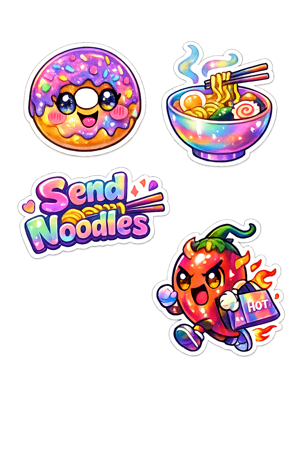 Kawaii Foodie & Send Noodles Sticker Sheet - 4-Piece Pun Set