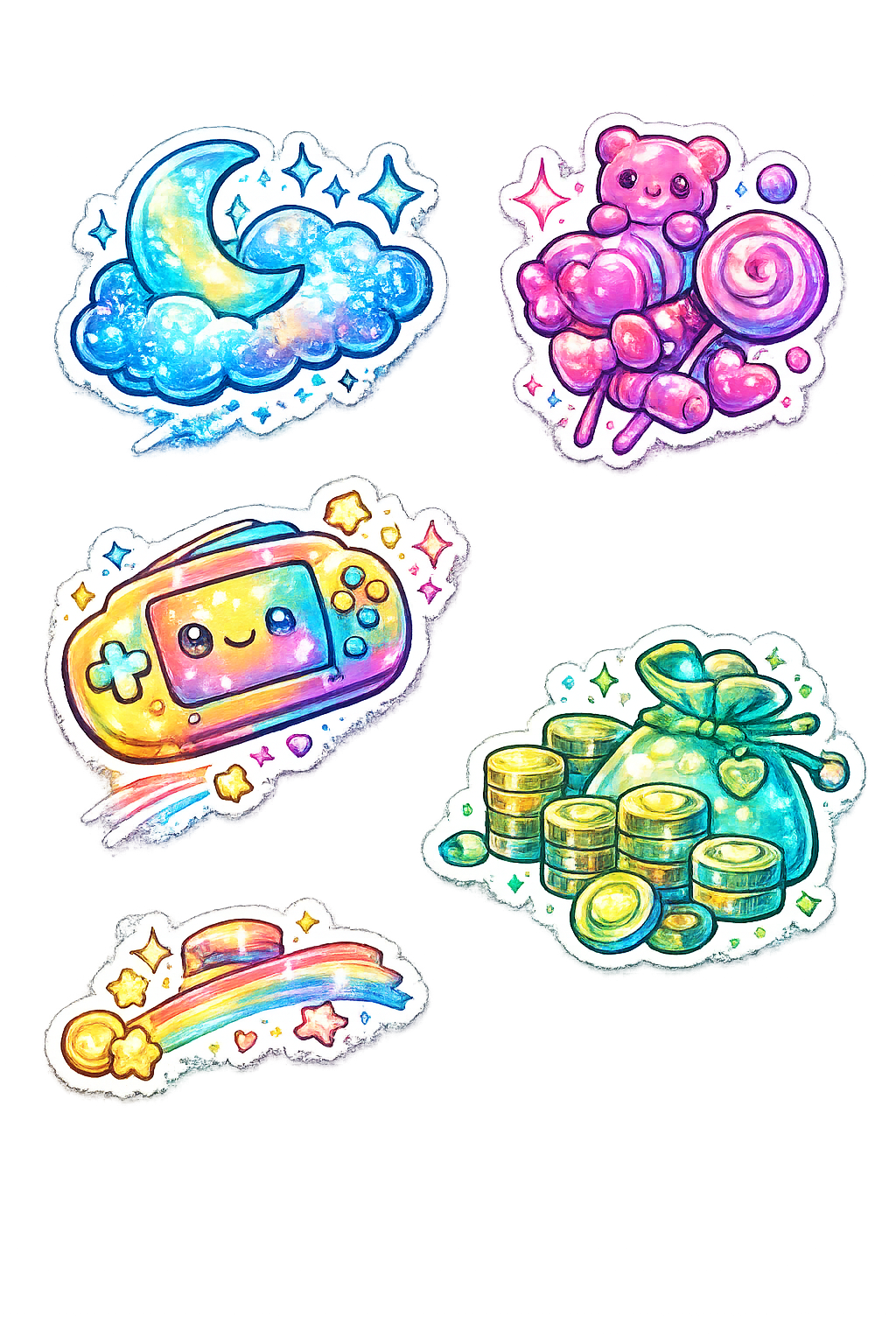 Chibi Treasure & Cosmic Dreams Sticker Sheet - 5-Piece Gaming Set