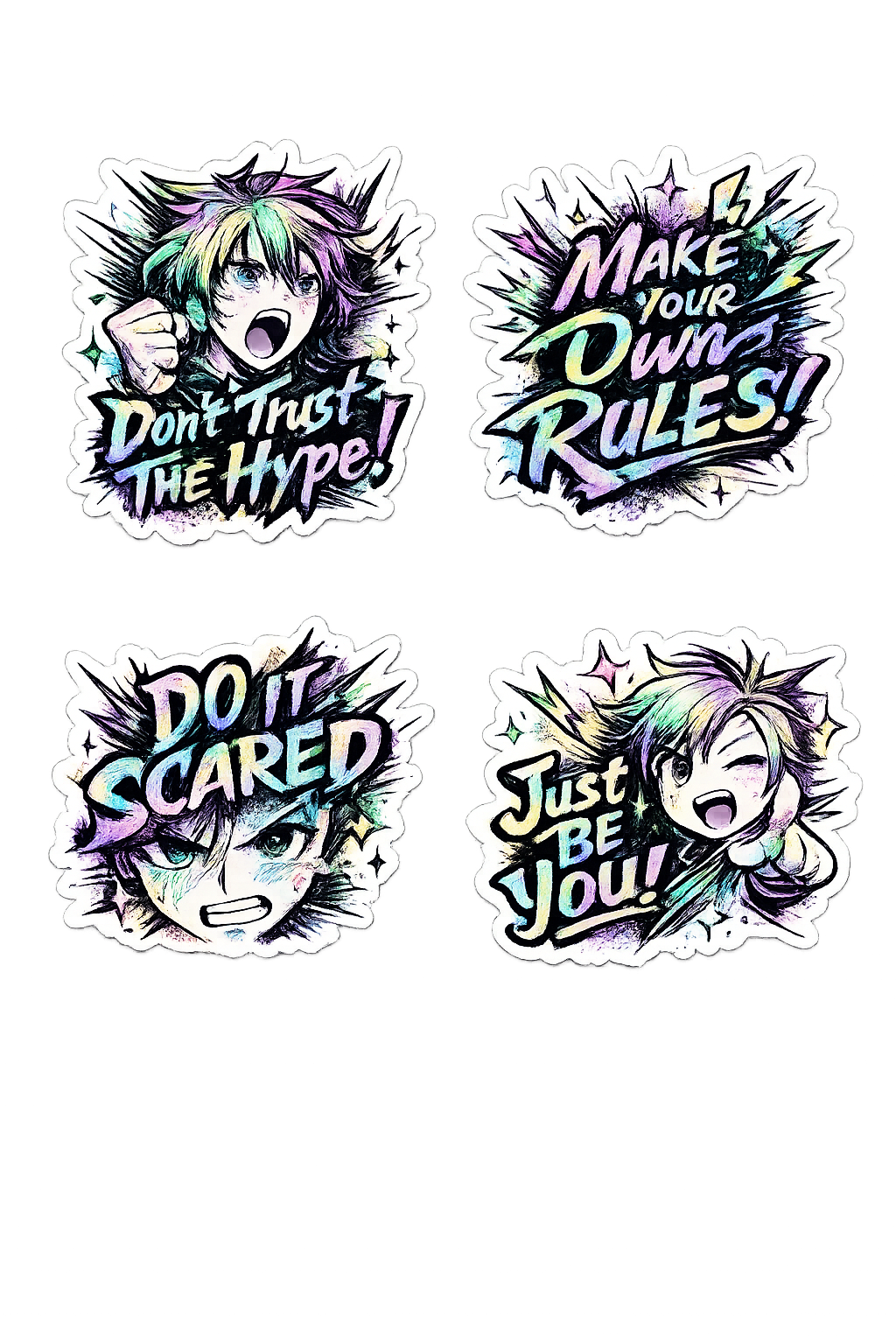 Prismatic Anime Vibe Sticker Sheet - 4-Piece Motivational Set