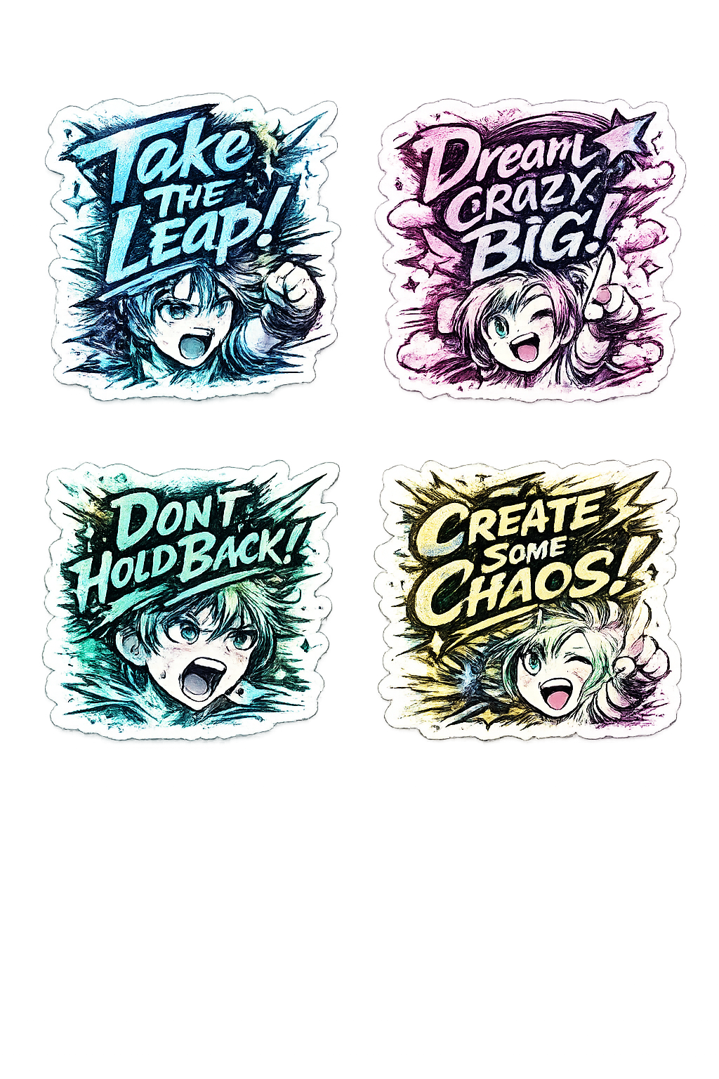 Ignite Your Drive Sticker Sheet - 4-Piece Prismatic Anime Set