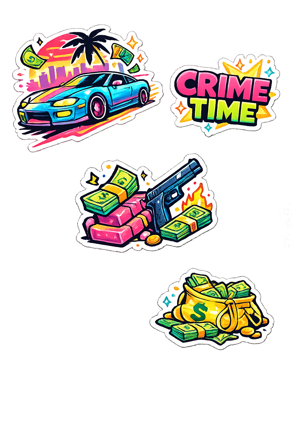 Crime Time Sticker Pack | Gangster Car Money Gun Stickers | Retro Miami Vice Style | Waterproof Vinyl Decals for Laptop Water Bottle