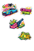 Crime Time Sticker Pack | Gangster Car Money Gun Stickers | Retro Miami Vice Style | Waterproof Vinyl Decals for Laptop Water Bottle