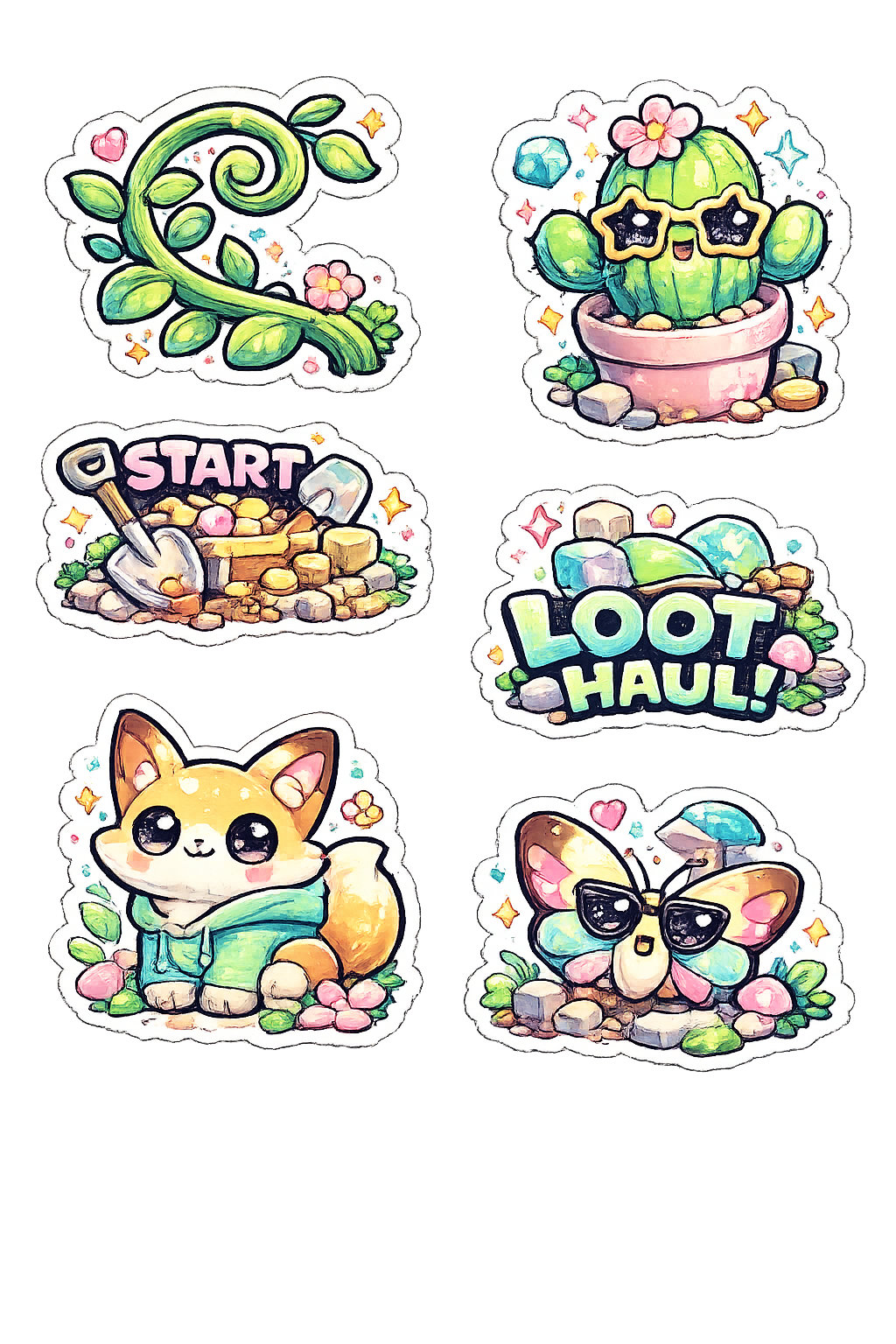 Cute Kawaii Sticker Pack | Fox Cactus Butterfly Garden Adventure Stickers | Loot Haul Gaming Stickers | Waterproof Vinyl Die Cut Stickers