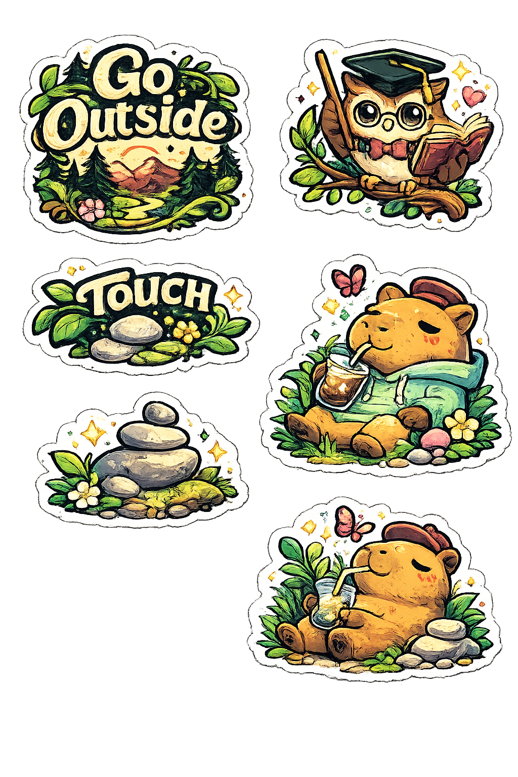 Cute Capybara Sticker Sheet | Go Outside Nature Stickers | Owl Reading Sticker | Kawaii Animal Stickers | Cottagecore Waterproof Sticker Pack