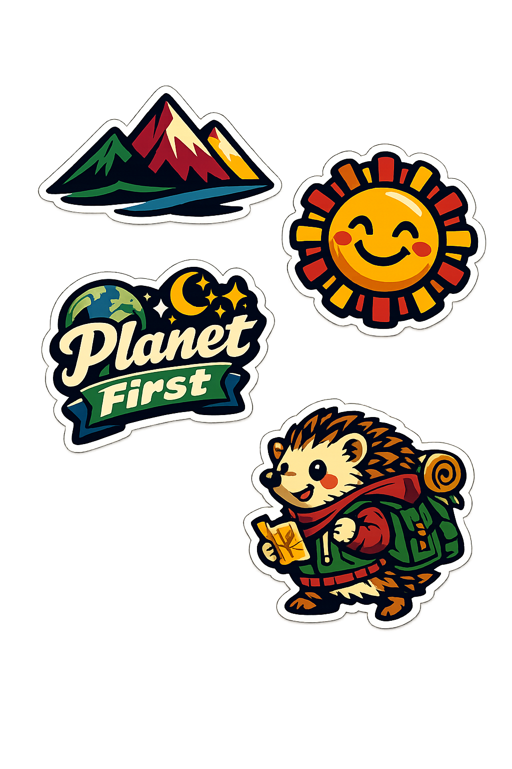 Nature Adventure Sticker Pack 4pc | Mountain Sun Hedgehog Planet Earth Stickers | Laptop Decals | Outdoor Hiking Gifts | Waterproof Vinyl