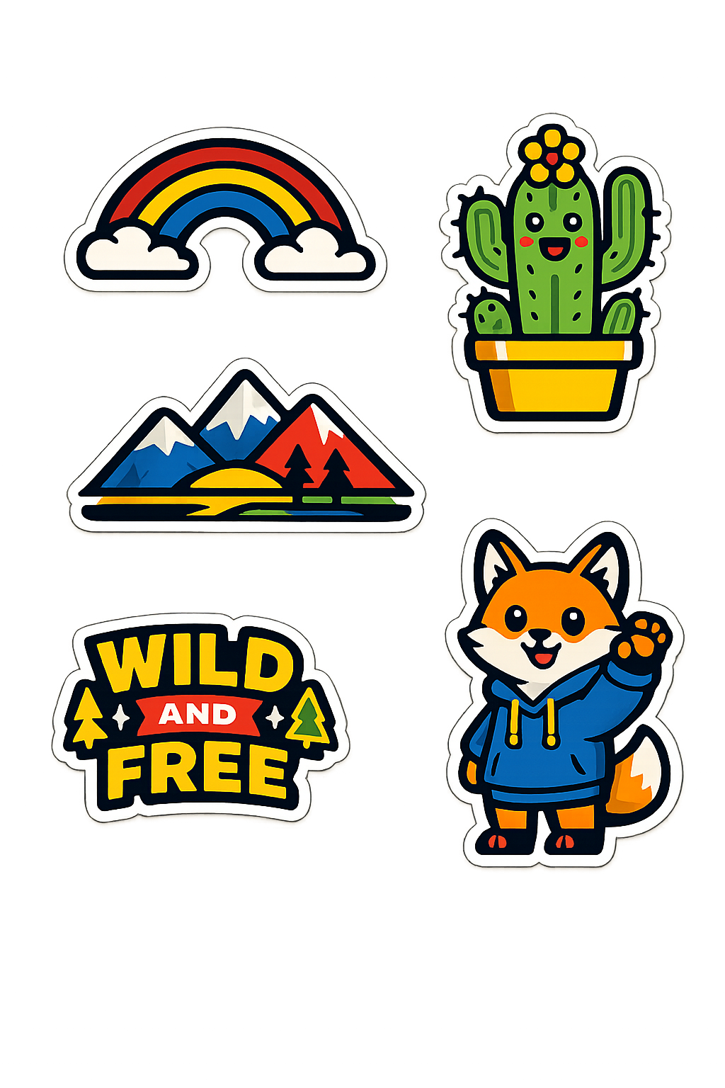 Cute Sticker Pack Set of 5 | Rainbow Cactus Fox Mountain Wild and Free Vinyl Stickers | Laptop Water Bottle Decal Bundle Nature Adventure