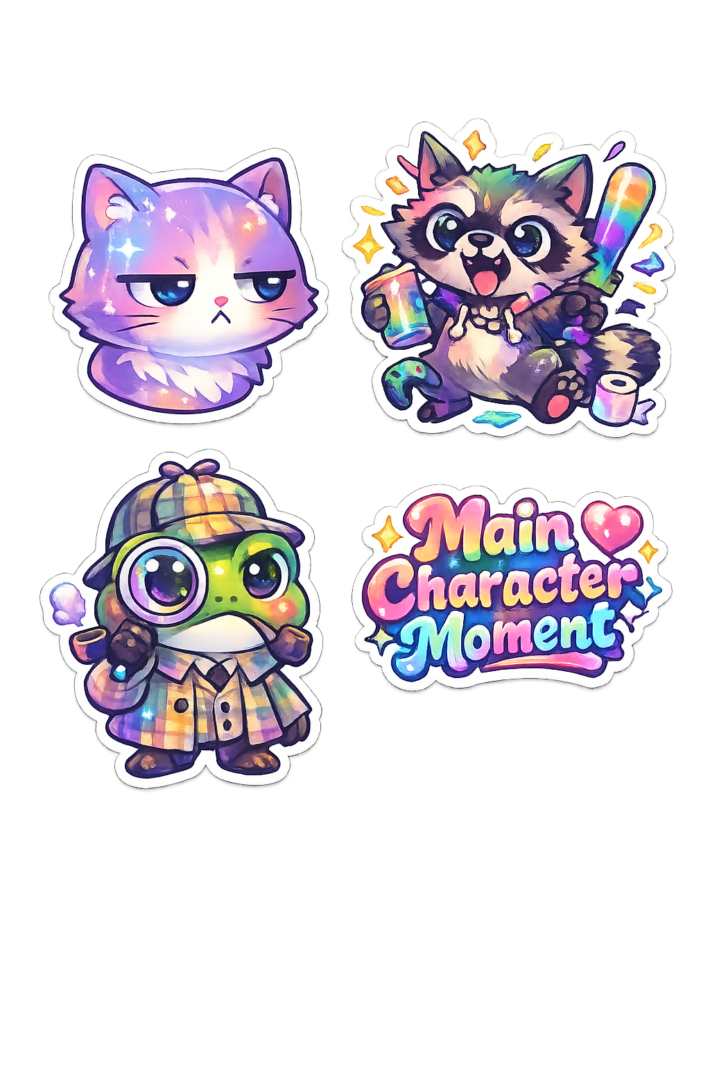 Chaotic Vibe Check Sticker Sheet - Raccoon, Cat & Detective Turtle Set