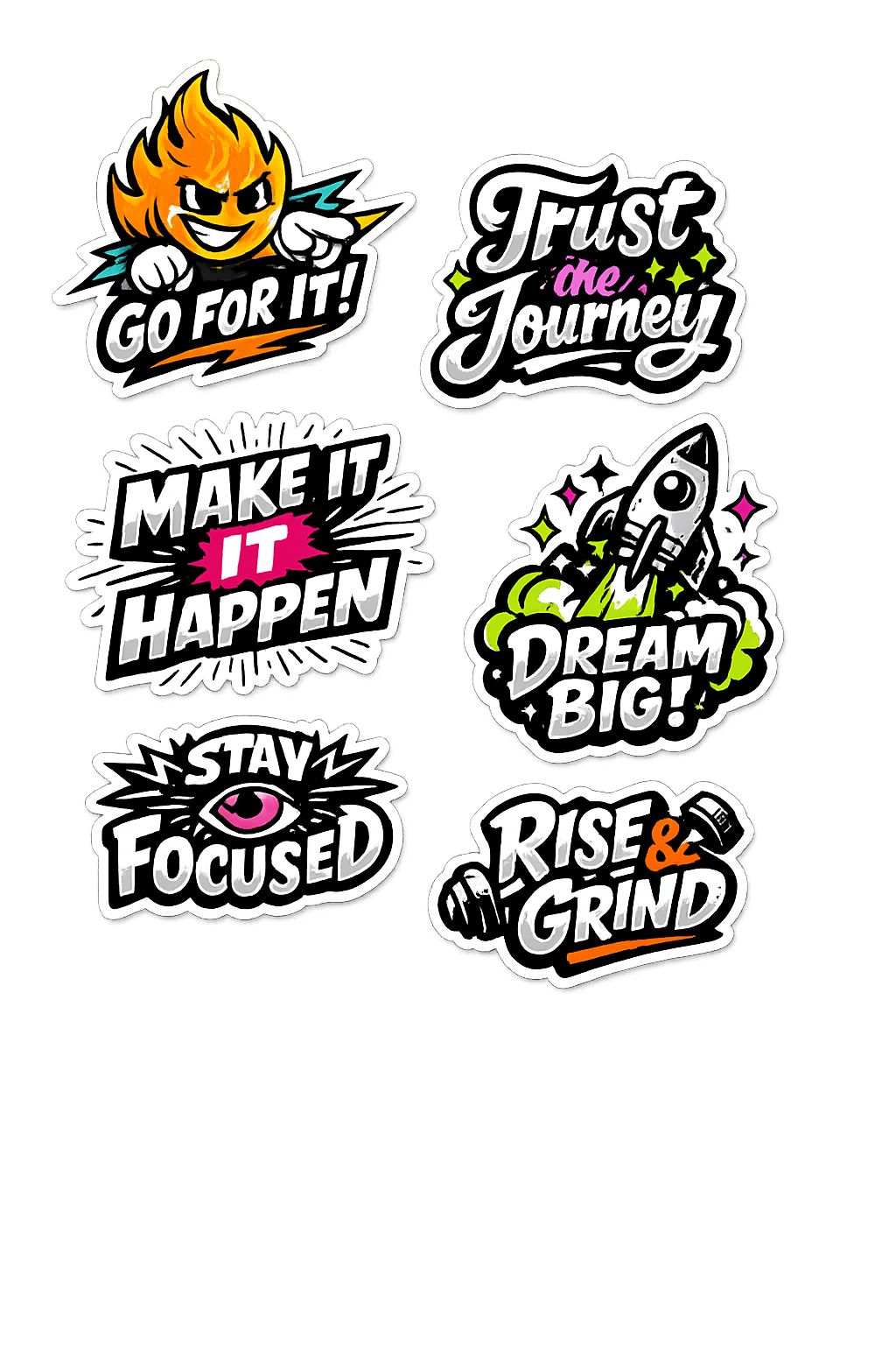 Action & Hustle Sticker Sheet - 6-Piece Motivational Graffiti Set
