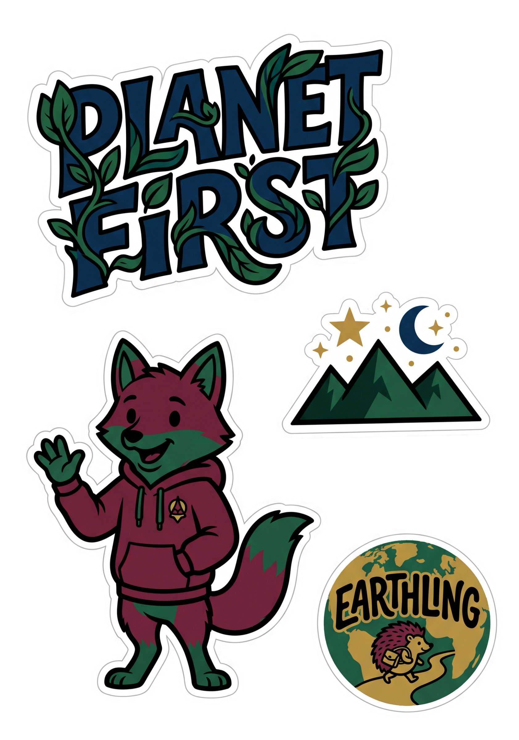 Eco Sticker Pack 4-Pack | Planet First Fox Earthling Mountains Vinyl Stickers | Nature Lover Gift | Laptop Water Bottle Decal Set