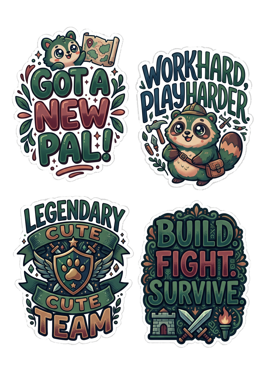 Cute Animal Sticker Pack Gaming Adventure Stickers Set of 4 Raccoon Panda Kawaii Vinyl Decals Laptop Water Bottle Planner Stickers