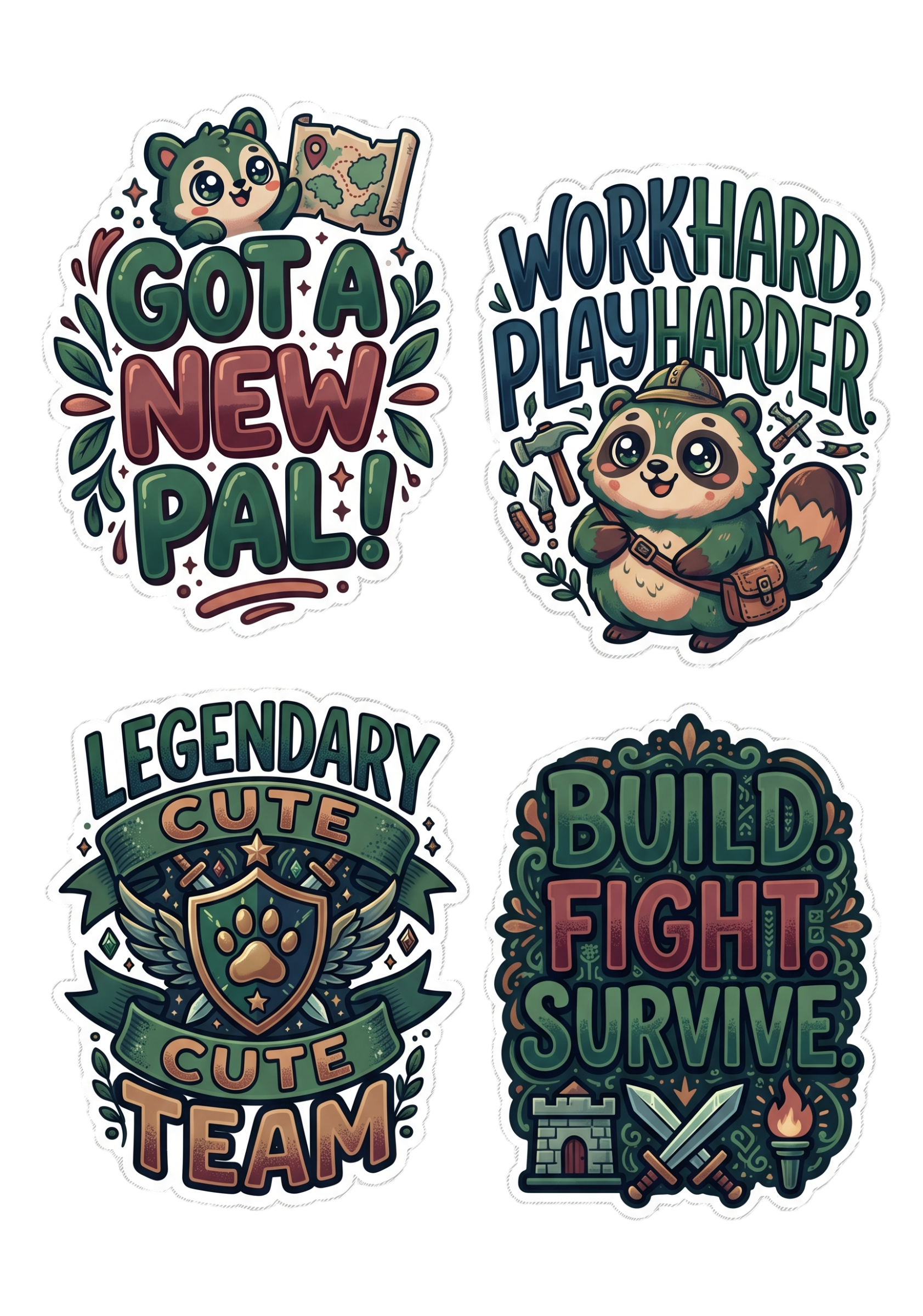 Cute Animal Sticker Pack Gaming Adventure Stickers Set of 4 Raccoon Panda Kawaii Vinyl Decals Laptop Water Bottle Planner Stickers