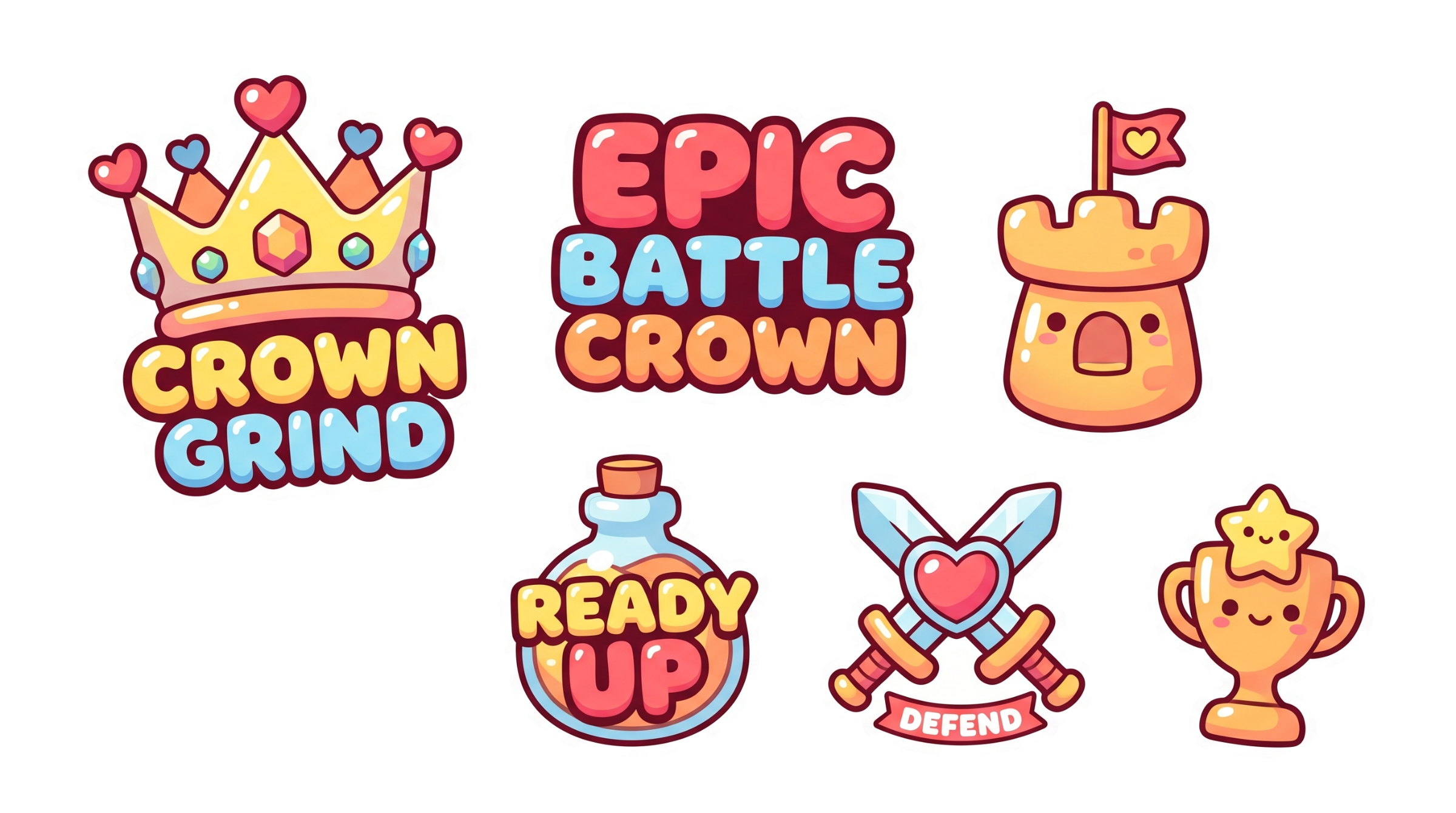 Gaming Sticker Pack Set of 6 | Crown Grind Epic Battle Kawaii Game Stickers | Waterproof Vinyl Decals for Laptop Water Bottle