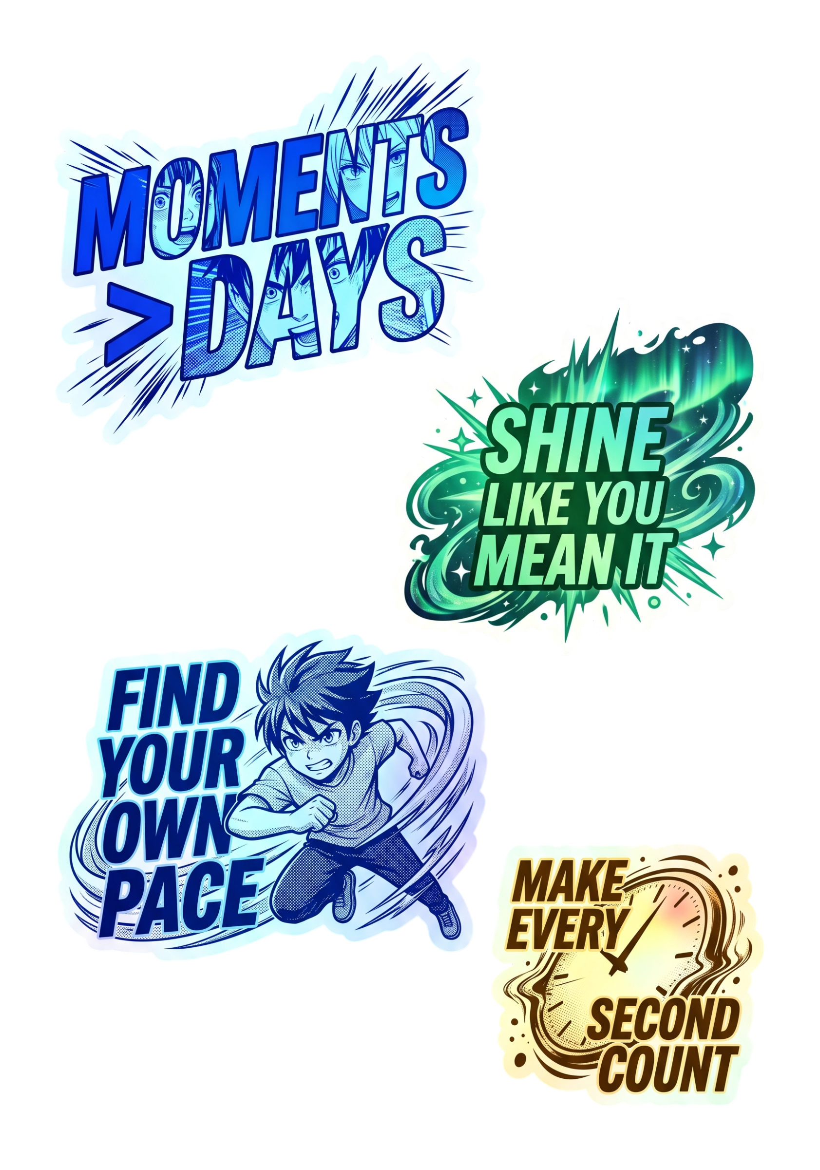 Blue Halftone Manga Sticker Sheet - 4-Piece Aesthetic Quote Set