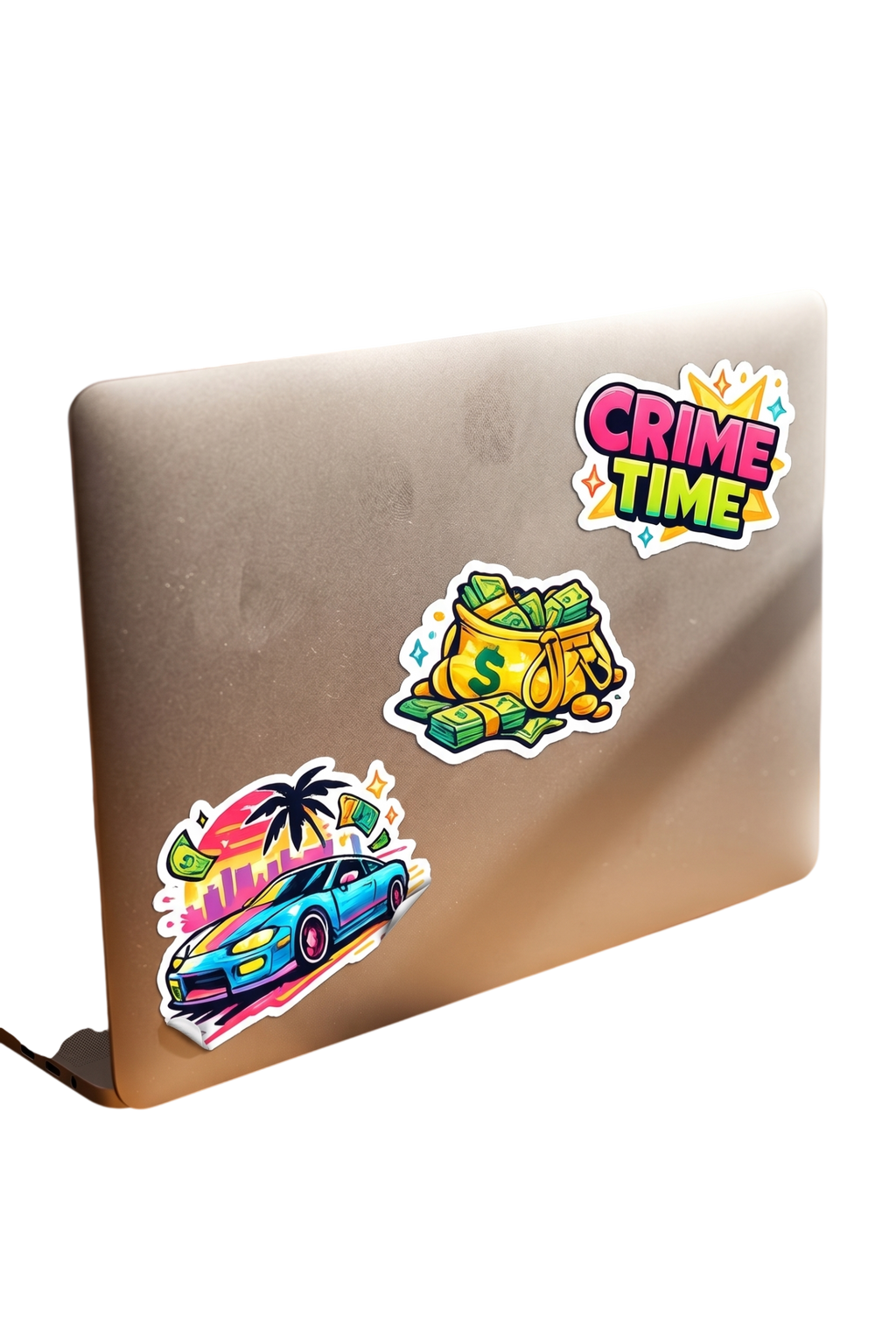 Crime Time Sticker Pack | Gangster Car Money Gun Stickers | Retro Miami Vice Style | Waterproof Vinyl Decals for Laptop Water Bottle