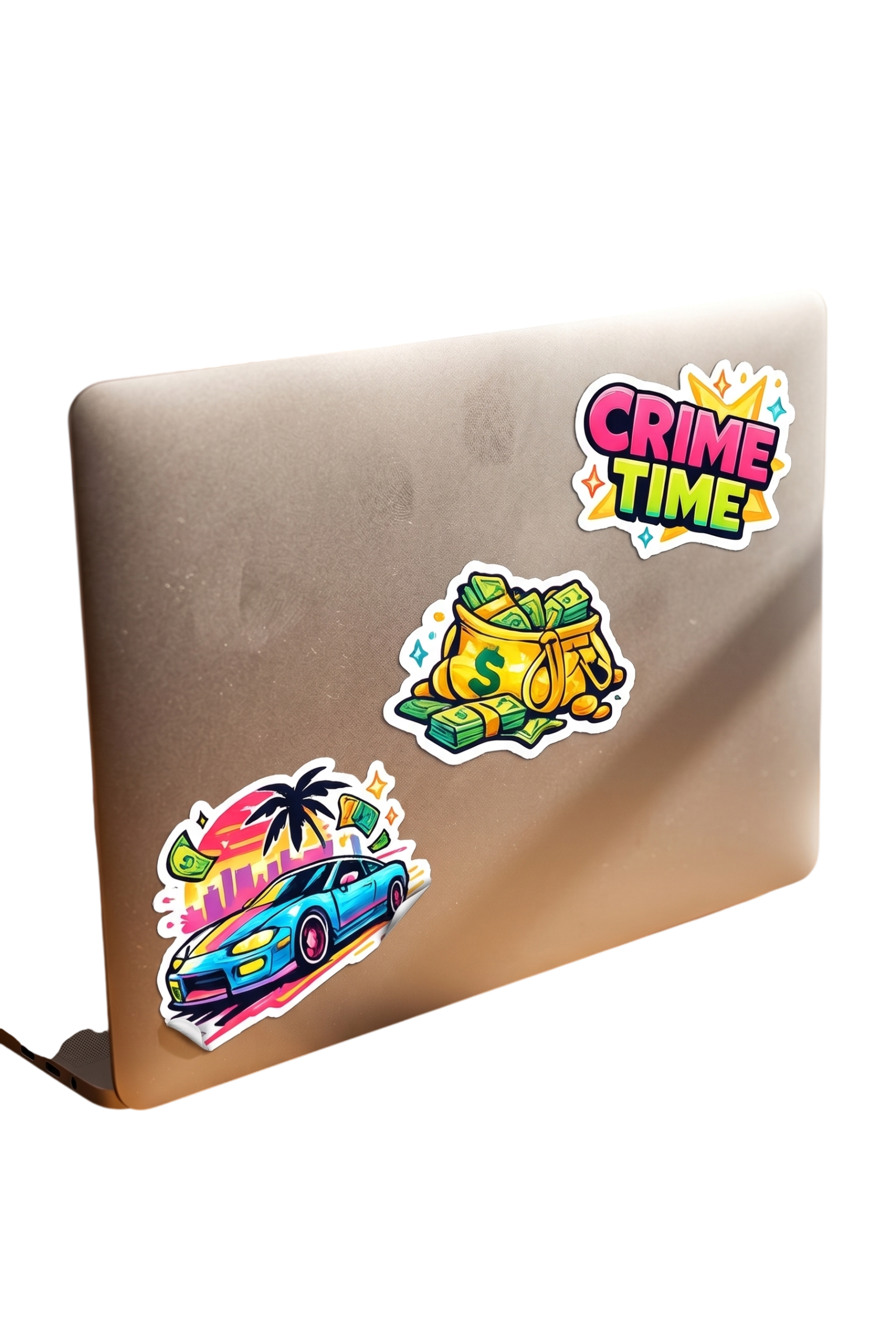 Crime Time Sticker Pack | Gangster Car Money Gun Stickers | Retro Miami Vice Style | Waterproof Vinyl Decals for Laptop Water Bottle