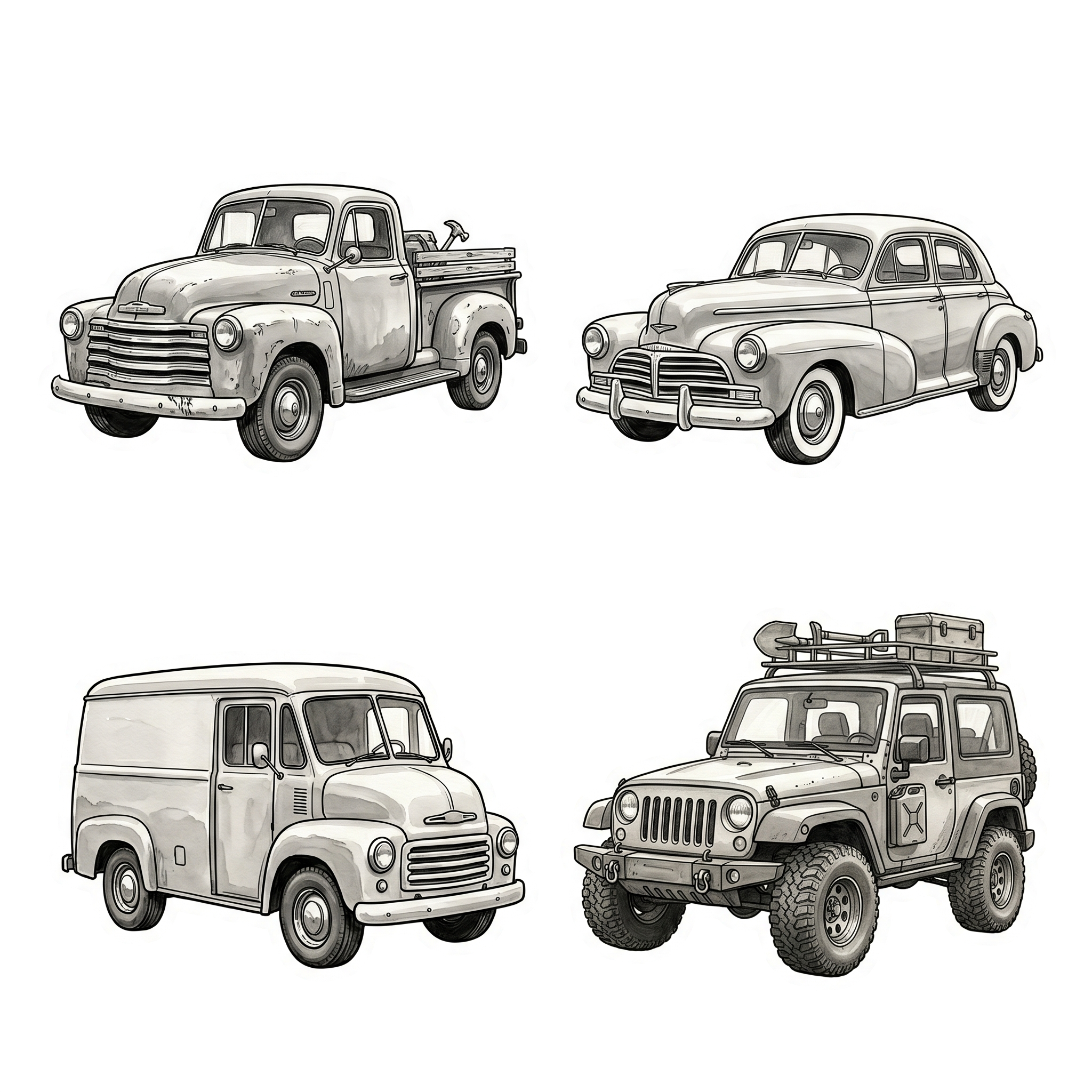 Classic Vintage Car & Truck Sketch Sticker Collection